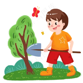 植树节铁锹男孩手绘人物PNG素材