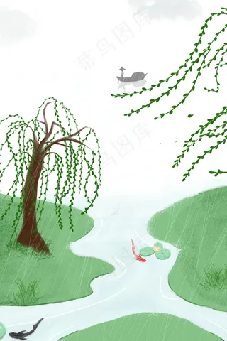 立夏睡莲锦鲤柳树渔船