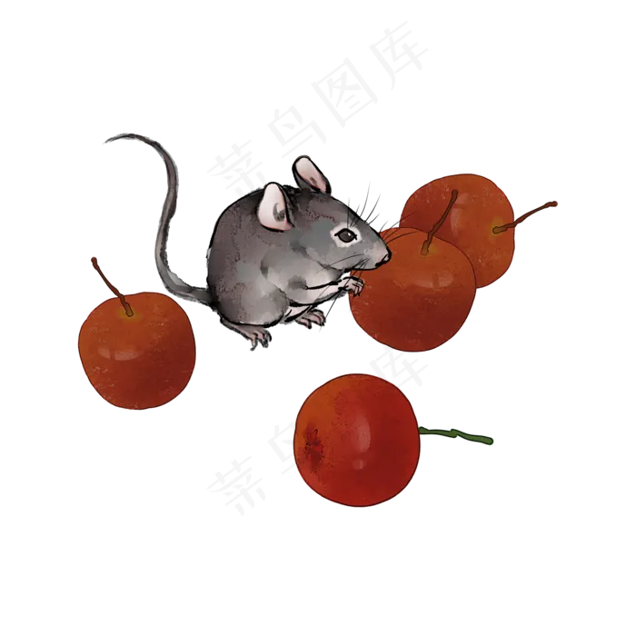 2020鼠年生肖水墨子鼠红果,免抠元素(2000X2000(DPI:300))psd模版下载