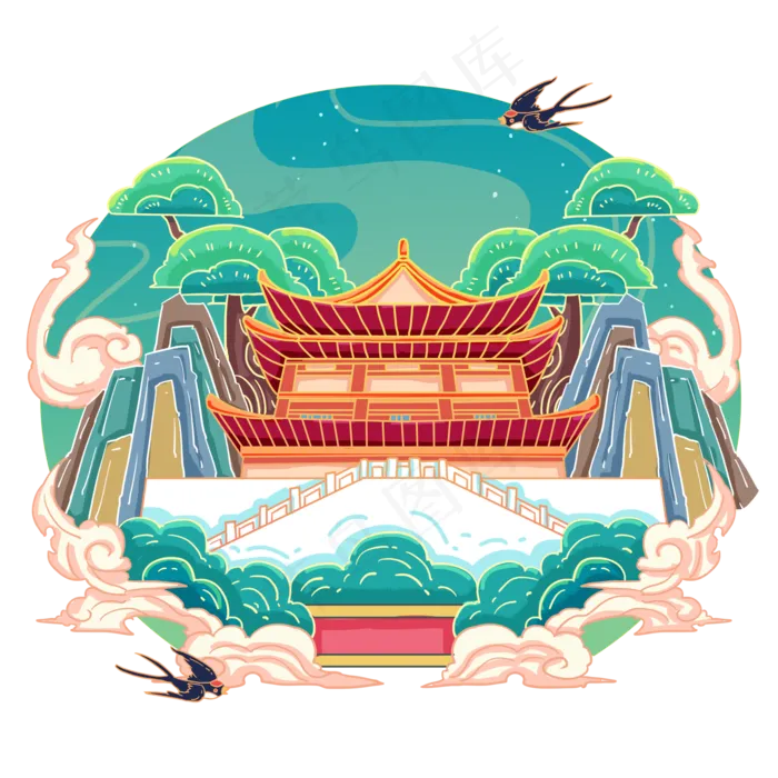 西安中国风国画风格钟楼,免抠元素(2000*2000px 300 dpi )psd模版下载