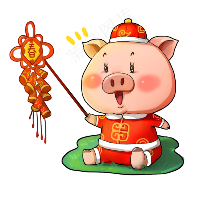可爱唐装猪猪送祝福卡通插画
