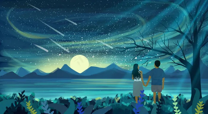 月光下湖边的情侣(4134X2271(DPI:300))psd模版下载