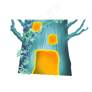 水彩手绘绿色大树树洞