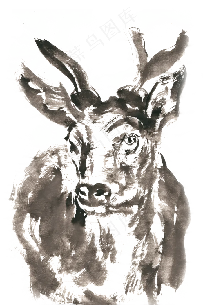 憨厚的鹿水墨画PNG免抠素材(2200*3300px 300 dpi )psd模版下载