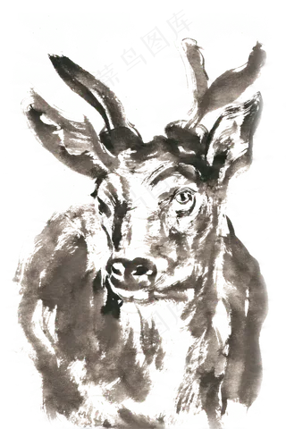 憨厚的鹿水墨画PNG免抠素材