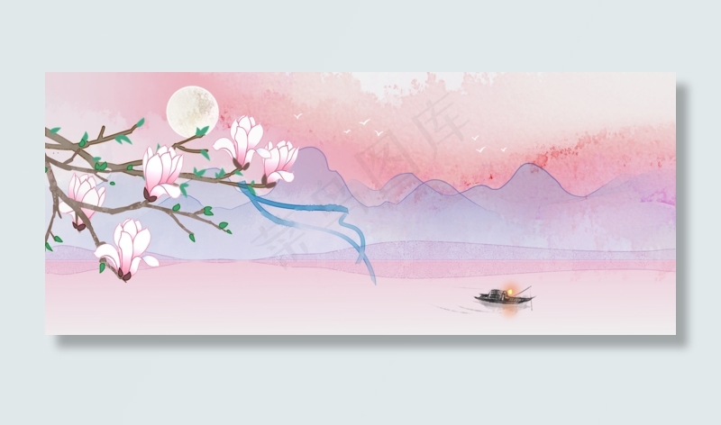 月霞玉兰水墨山水风景