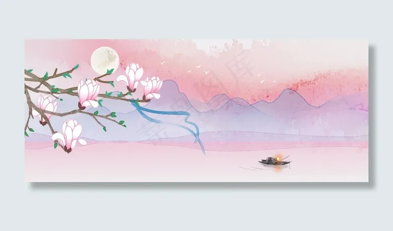 月霞玉兰水墨山水风景(1920X800)