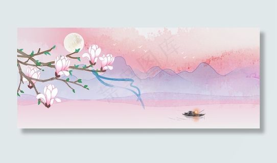月霞玉兰水墨山水风景 月霞玉兰水墨山水风景