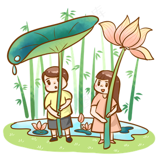 情侣荷花荷叶下避雨