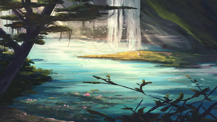 油画风丛林水潭风景(2880*1620px 300 dpi )psd模版下载