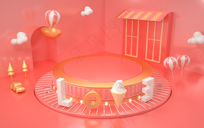 C4d珊瑚橙风格小镇情人节气球卡通背景背景图片素材,背景元素