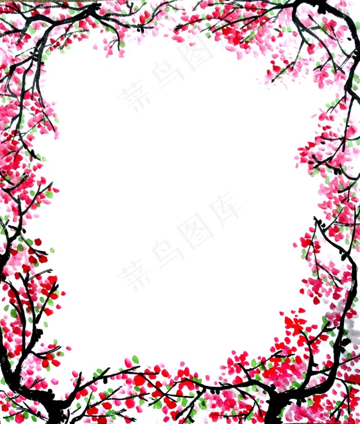 国画水墨桃花红花装饰边框春天P(2857X3362(DPI:72))psd模版下载
