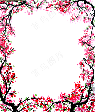 国画水墨桃花红花装饰边框春天P