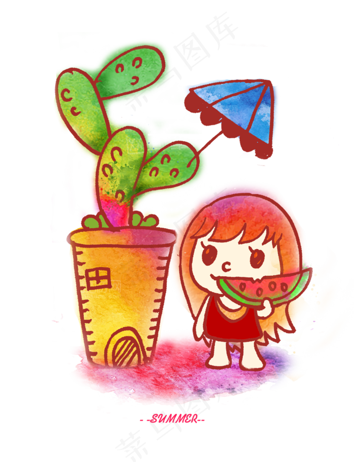 夏天大暑小暑吃西瓜的小女孩手绘