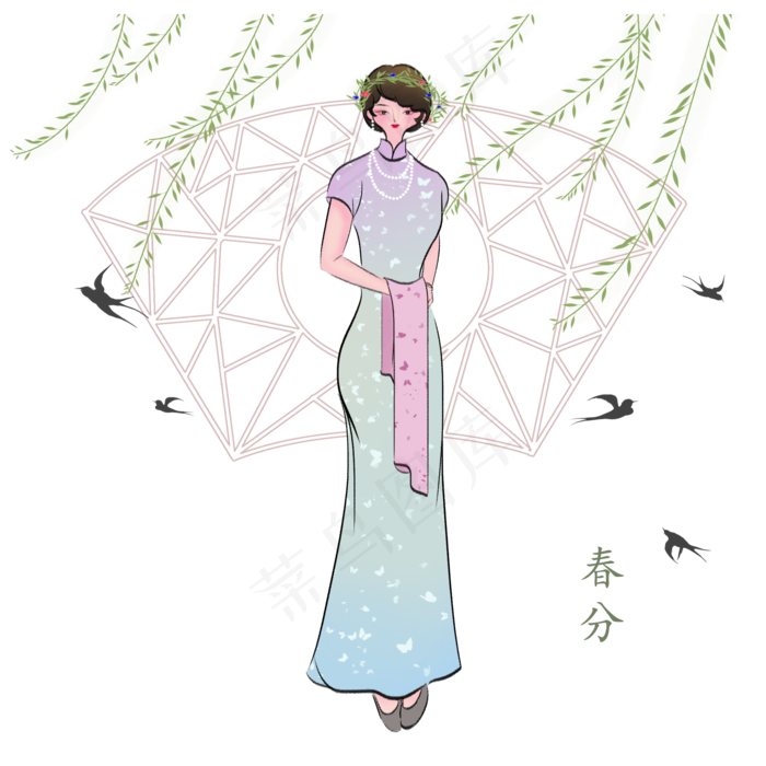 春分人物和屏风插画,免抠元素