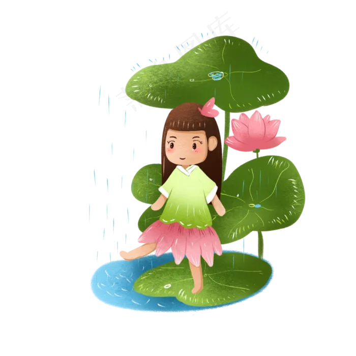 元素商用手绘夏季荷花淋雨少女唯(2000X2000(DPI:300))psd模版下载