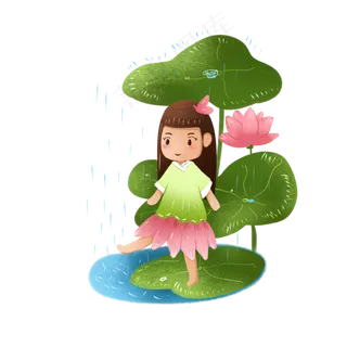 元素商用手绘夏季荷花淋雨少女唯
