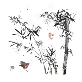 水墨花鸟墨竹鸟儿素材,免抠元素
