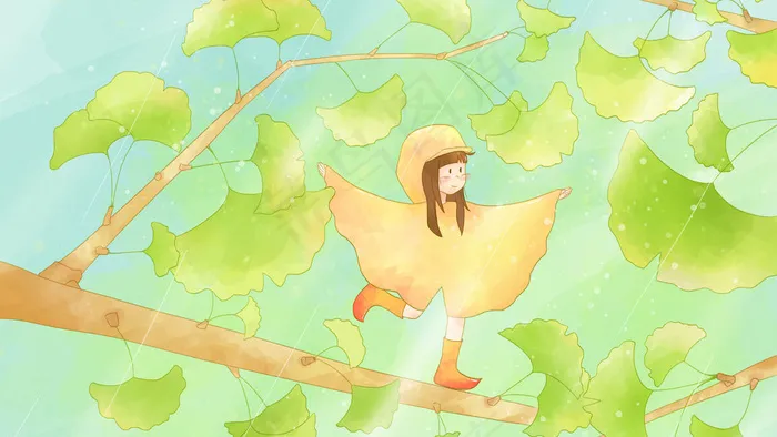 水彩谷雨时节的银杏(2880X1620(DPI:300))psd模版下载