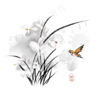 水墨花鸟兰花鸟儿素材,免抠元素
