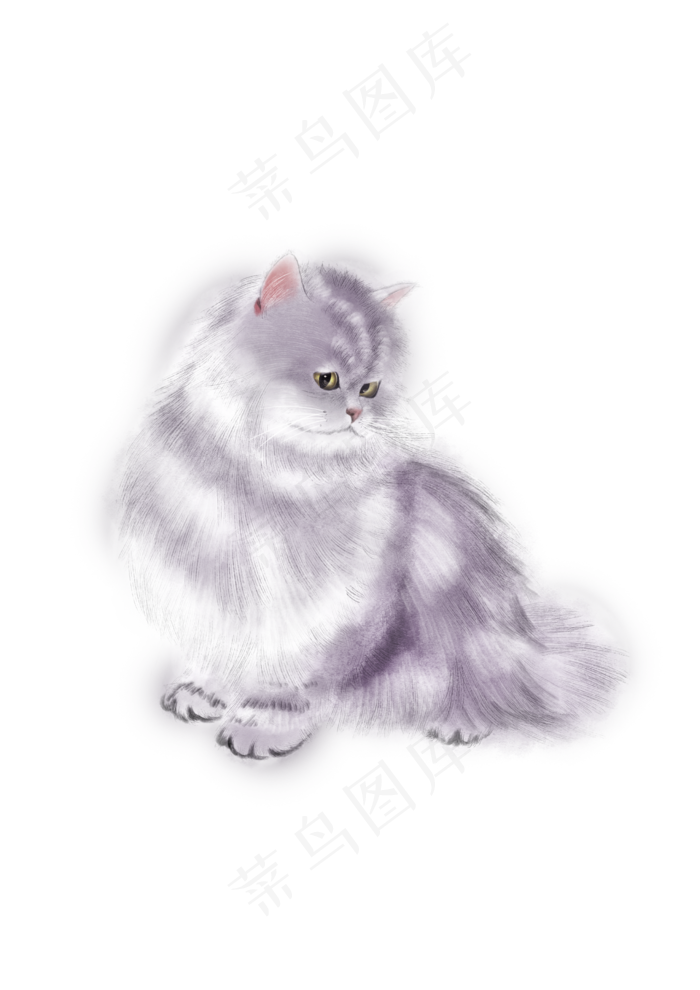 波斯猫灰紫色水墨国画工笔平面设,免抠元素