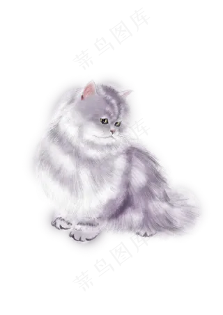 波斯猫灰紫色水墨国画工笔平面设,免抠元素