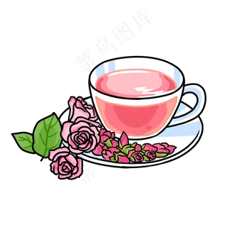 卡通手绘粉色玫瑰下午茶养生