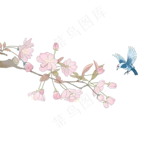 国画水墨樱花鸟雀花鸟工笔PNG,免抠元素