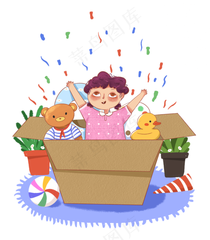 六一儿童节礼盒礼撒花庆祝的女生,免抠元素(3500*4000px 300 dpi )psd模版下载