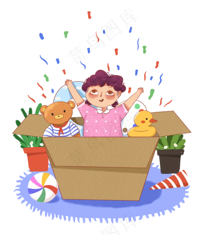 六一儿童节礼盒礼撒花庆祝的女生,免抠元素(3500*4000px 300 dpi )psd模版下载