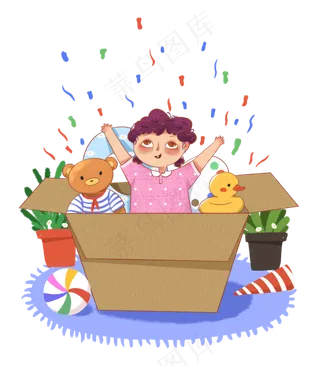 六一儿童节礼盒礼撒花庆祝的女生,免抠元素