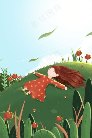 春困女孩草地享受阳光温暖