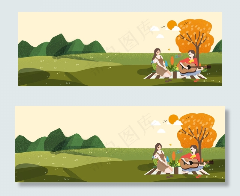 春天春游卡通幼儿园文艺黄banner