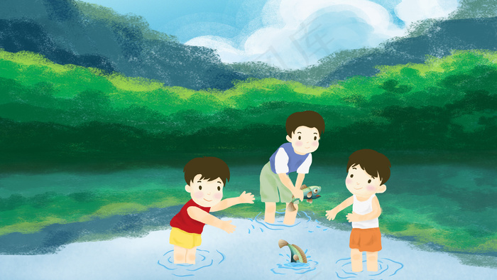 六一儿童节儿童小男孩在水中摸鱼玩耍手绘(2880X1620(DPI:300))psd模版下载