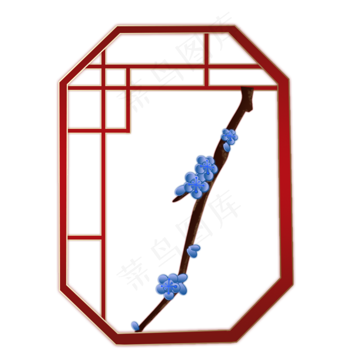 梅花金色红色竖边框手绘,免抠元素