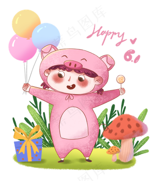 六一儿童节手拿气球开心的小女孩,免抠元素