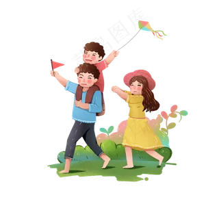 春天一家三口郊游卡通人物,免抠元素