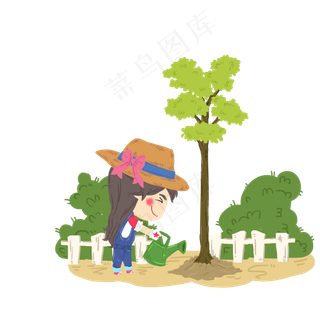 植树浇水的小女孩