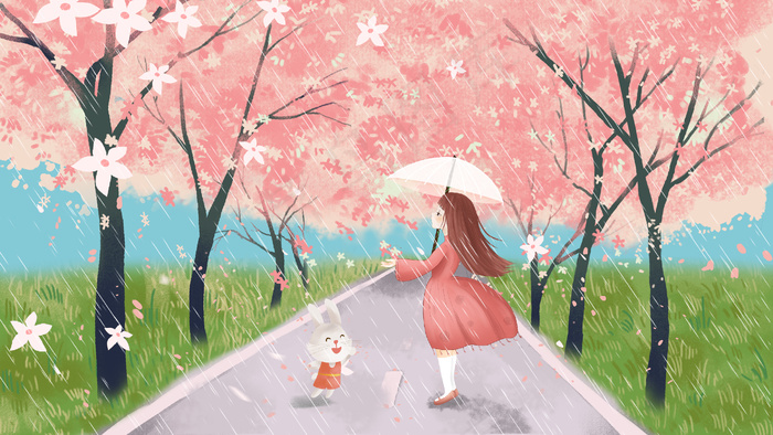 粉嫩女孩雨天樱花漫步(2880X1620(DPI:300))psd模版下载
