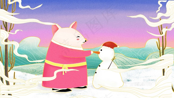 鼠年冬季傍晚老鼠在户外堆雪人(2880*1620px 300 dpi )psd模版下载