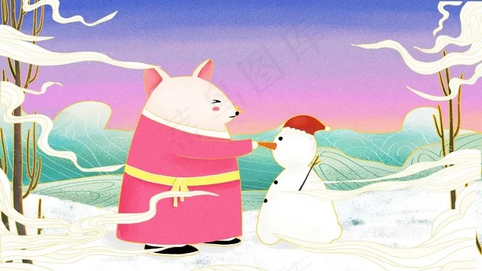 鼠年冬季傍晚老鼠在户外堆雪人(2880*1620px 300 dpi )psd模版下载