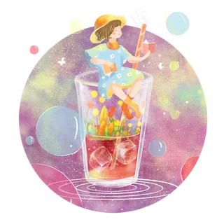 大暑果汁冰饮女孩png素材