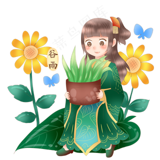 谷雨拿着盆栽的小女孩