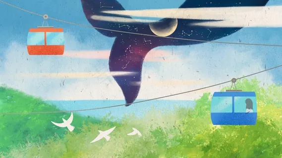 可爱春天坐缆车场景