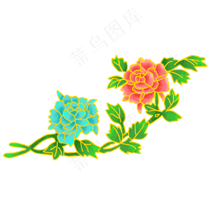 国潮双色牡丹素材
