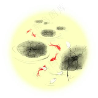 手绘花荷花中国风水墨风锦鲤