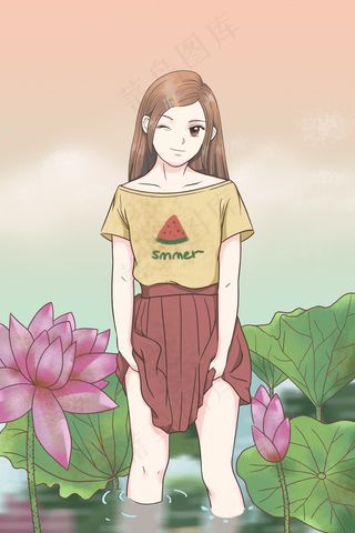暖色调 漫画风 立夏 节气 少女 荷花