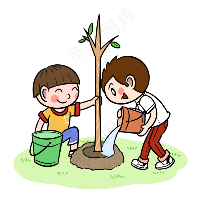 卡通植树节儿童浇水种树png透明底,免抠元素