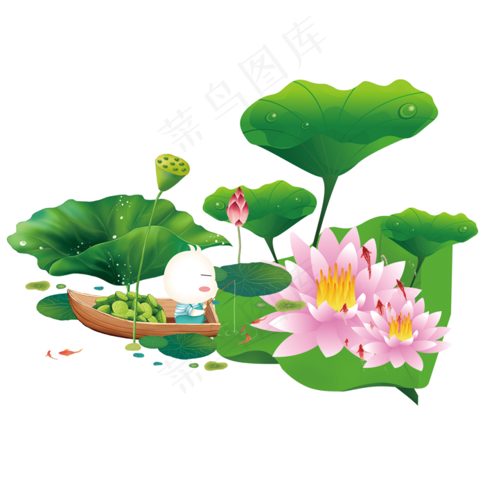 夏日荷塘钓鱼可商用素材,免抠元素
