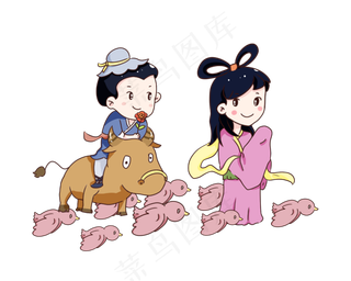 手绘卡通七夕节牛郎织女,免抠元素